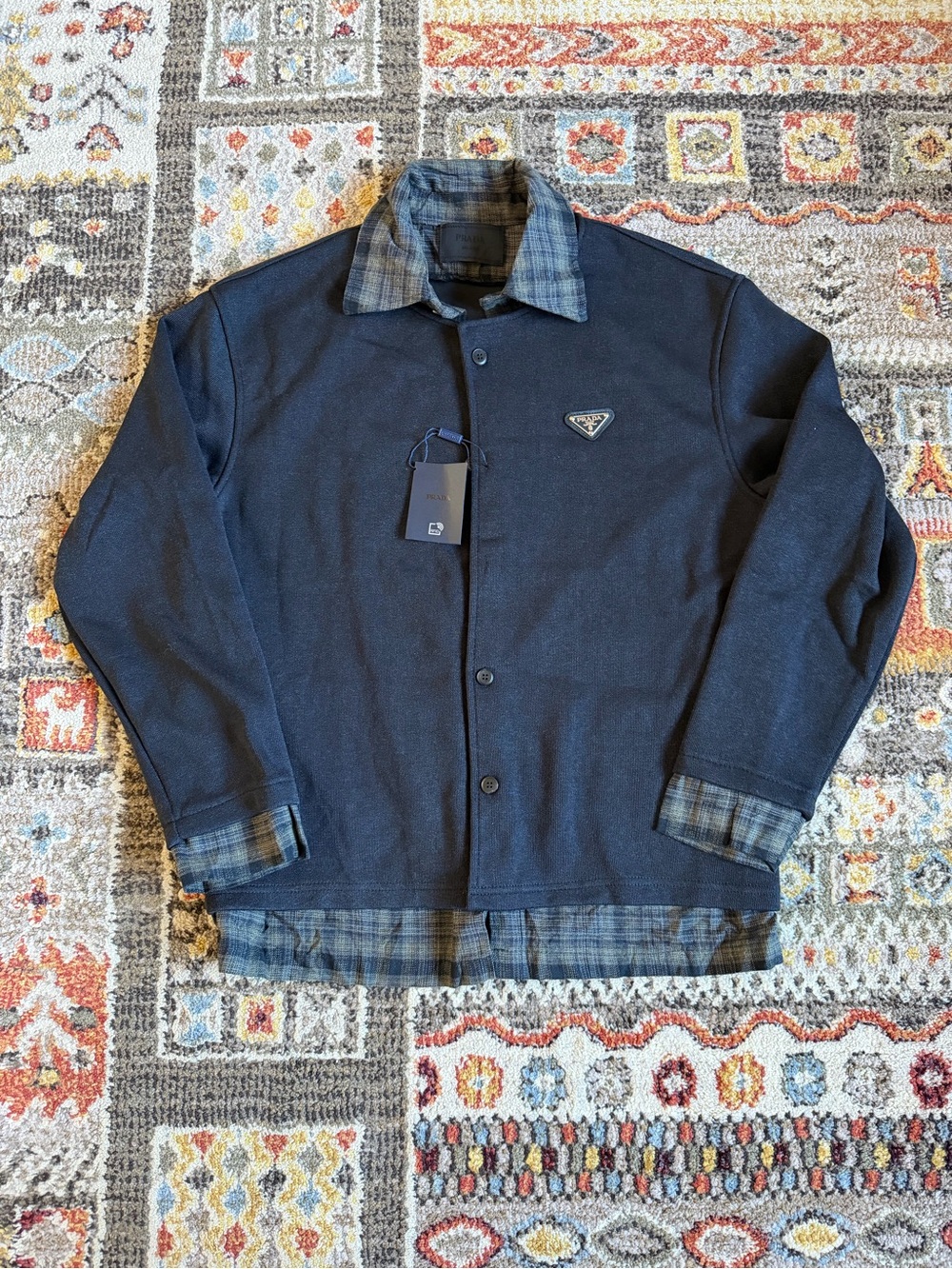 Prada Men's Dark Navy Button-Front Jacket with Plaid Trim